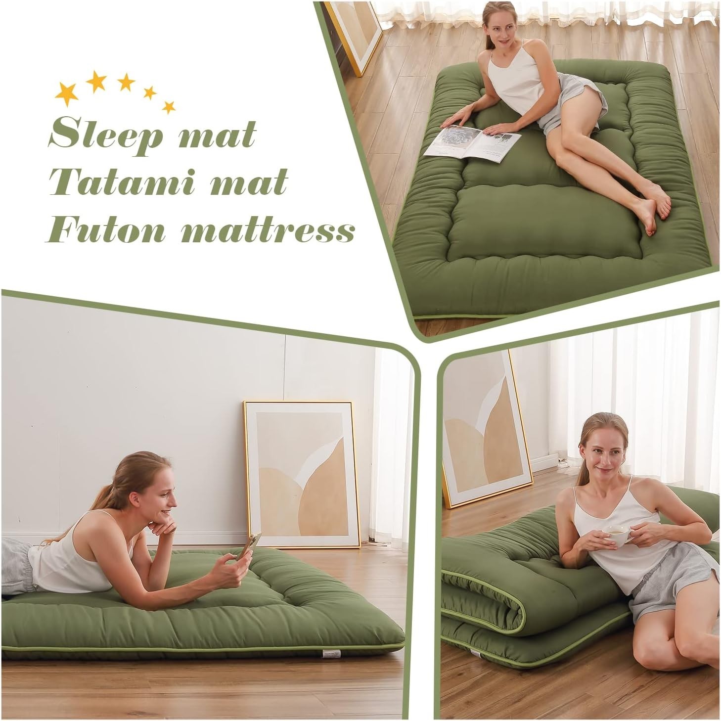 Portable Twin Japanese Futon Mattress – Memory Foam & Washable Cover, Green