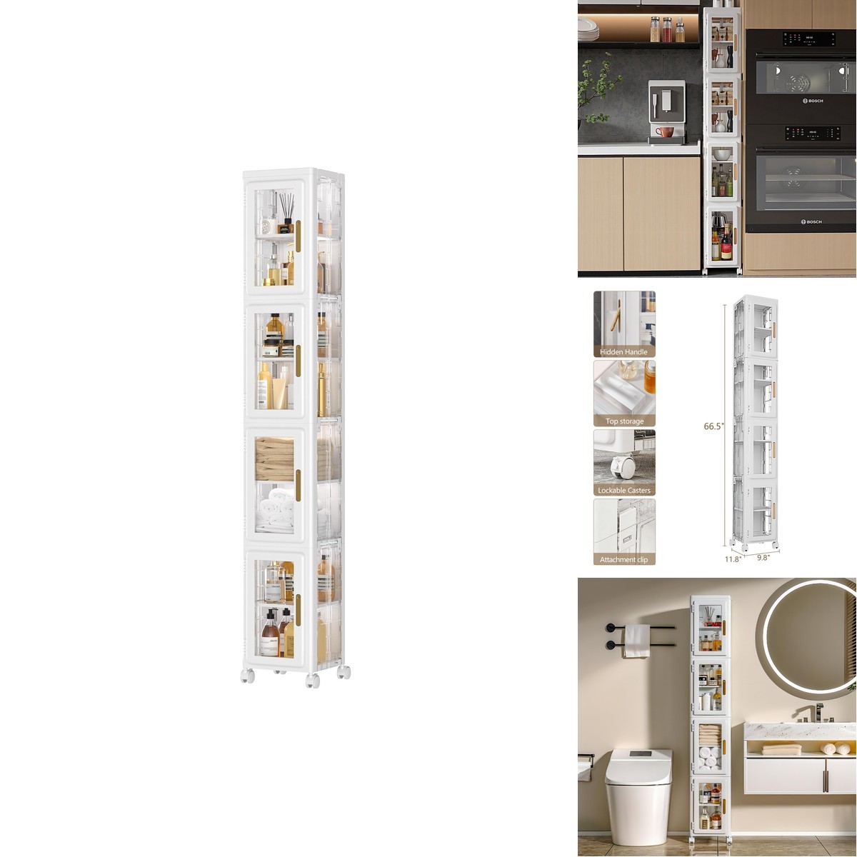 VECELO 4 Tier Tall Plastic Slim Storage Cabinet Clear with Lockable Wheels