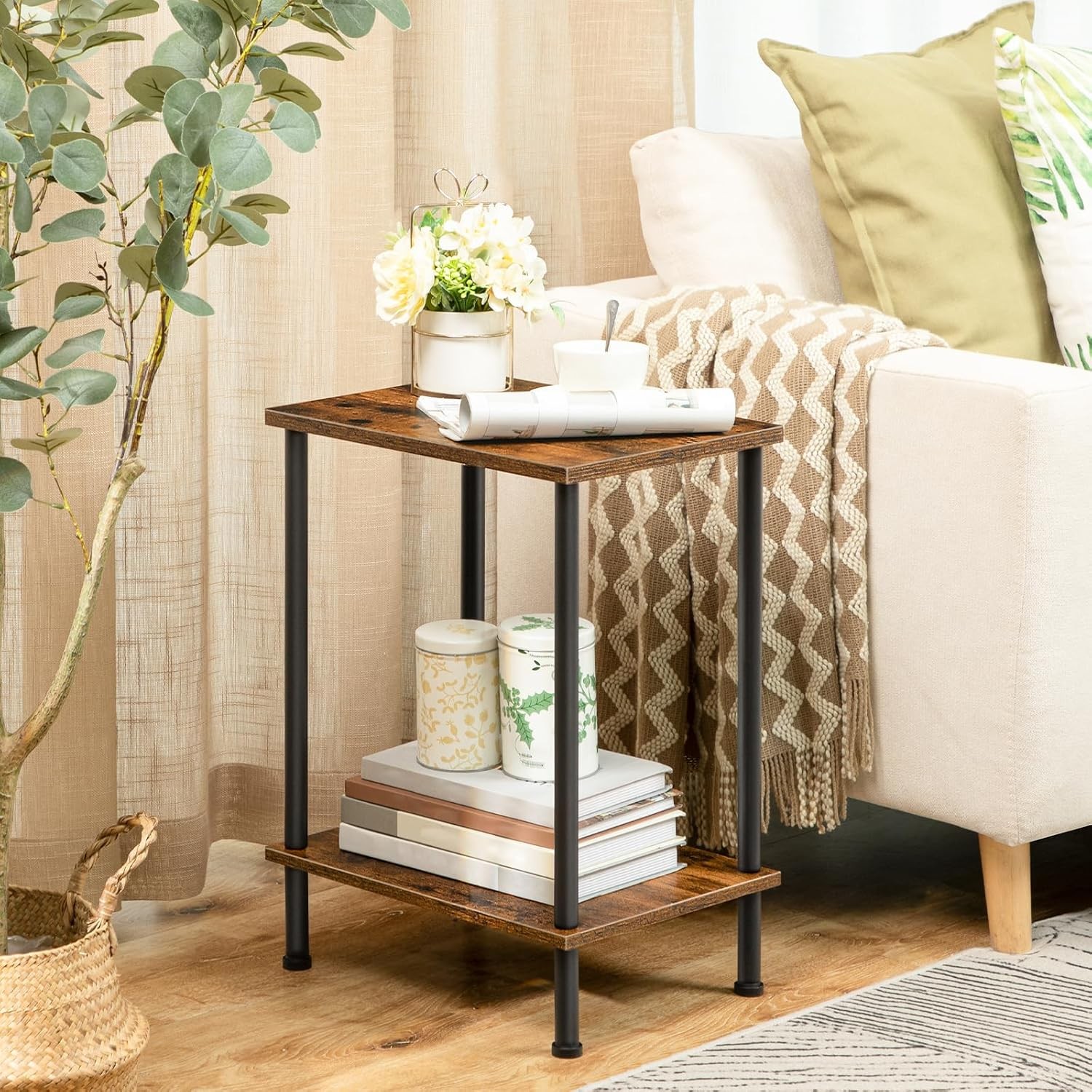 Rustic Brown Small End Table with 2-Layer Storage Shelves and Drawer for