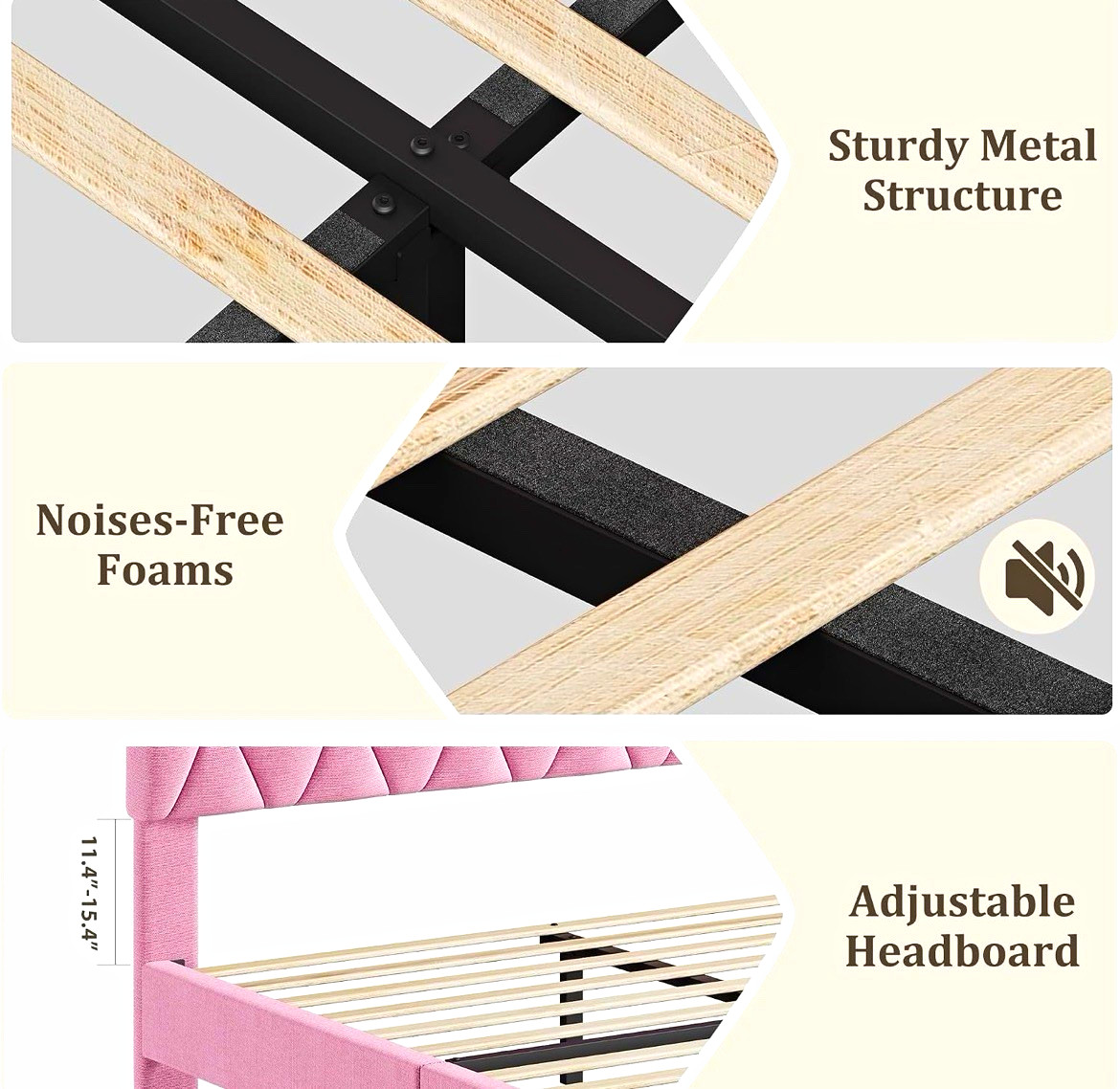 Full Upholstered Platform Bed Frame, Adjustable Headboard, Pink Metal/Wood