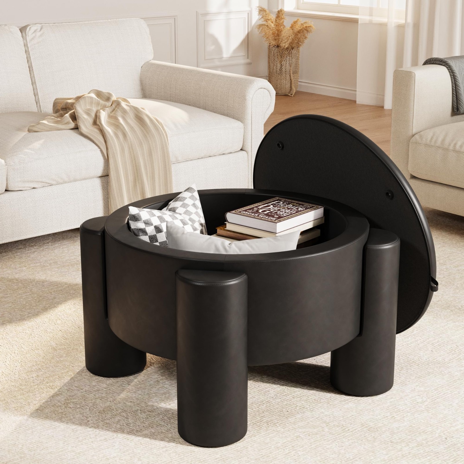 24in Storage Stool Coffee Table with Storage Function, Artificial Leather
