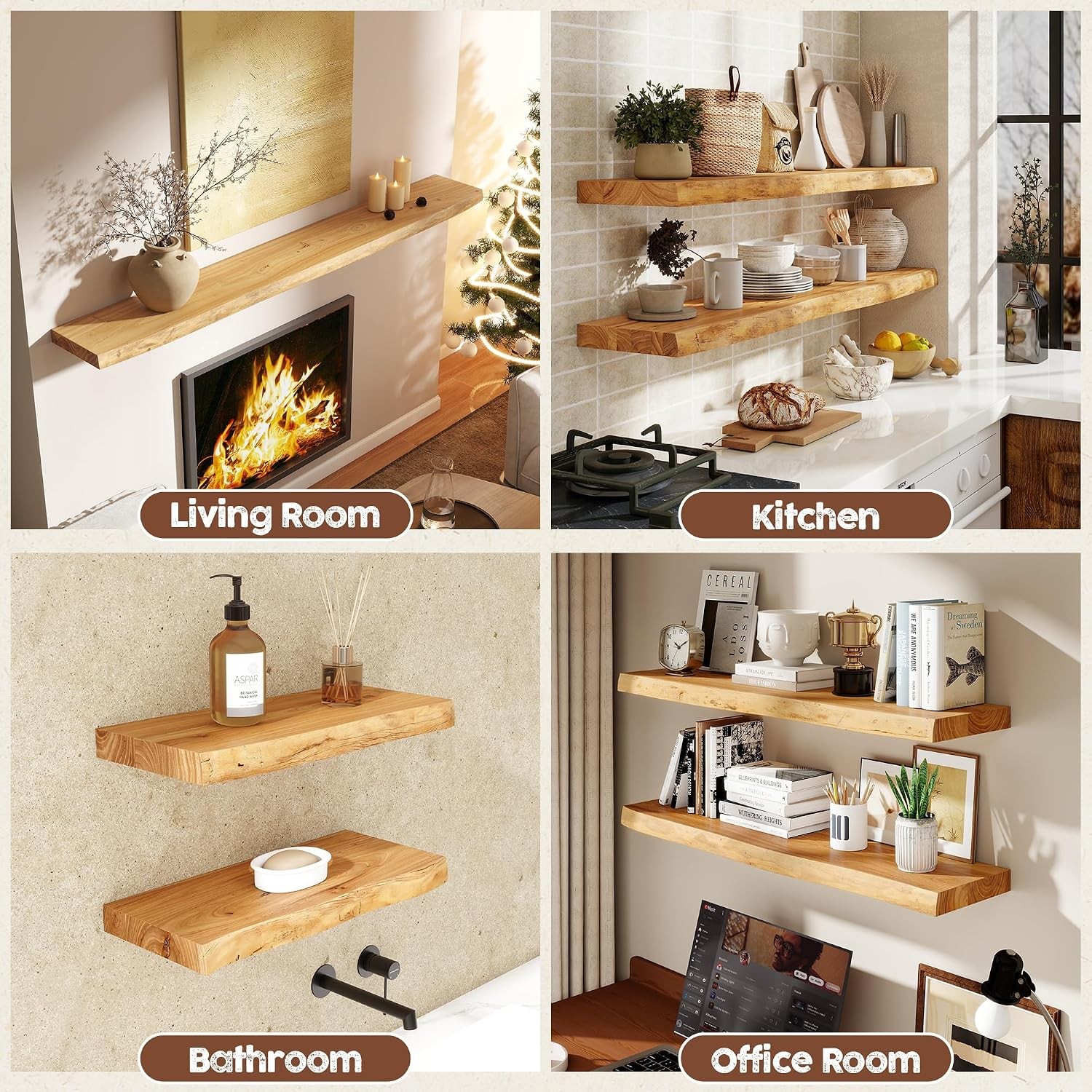 Live Edge Floating Shelves Wall 40 inch 8 Inch Deep Solid Elm Wood Floating Wall