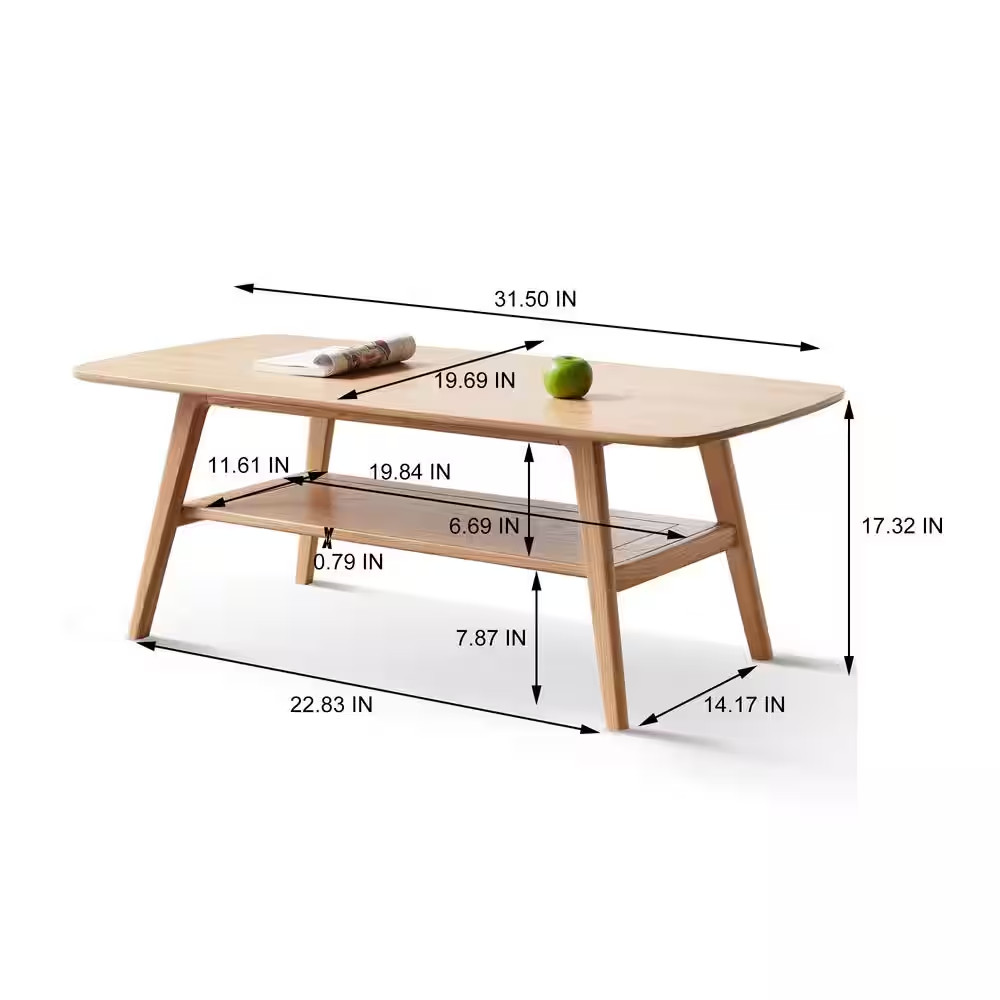 31.5 In. Natural Oak Rectangle 100% Solid Wood Coffee Table with Storage Shelf