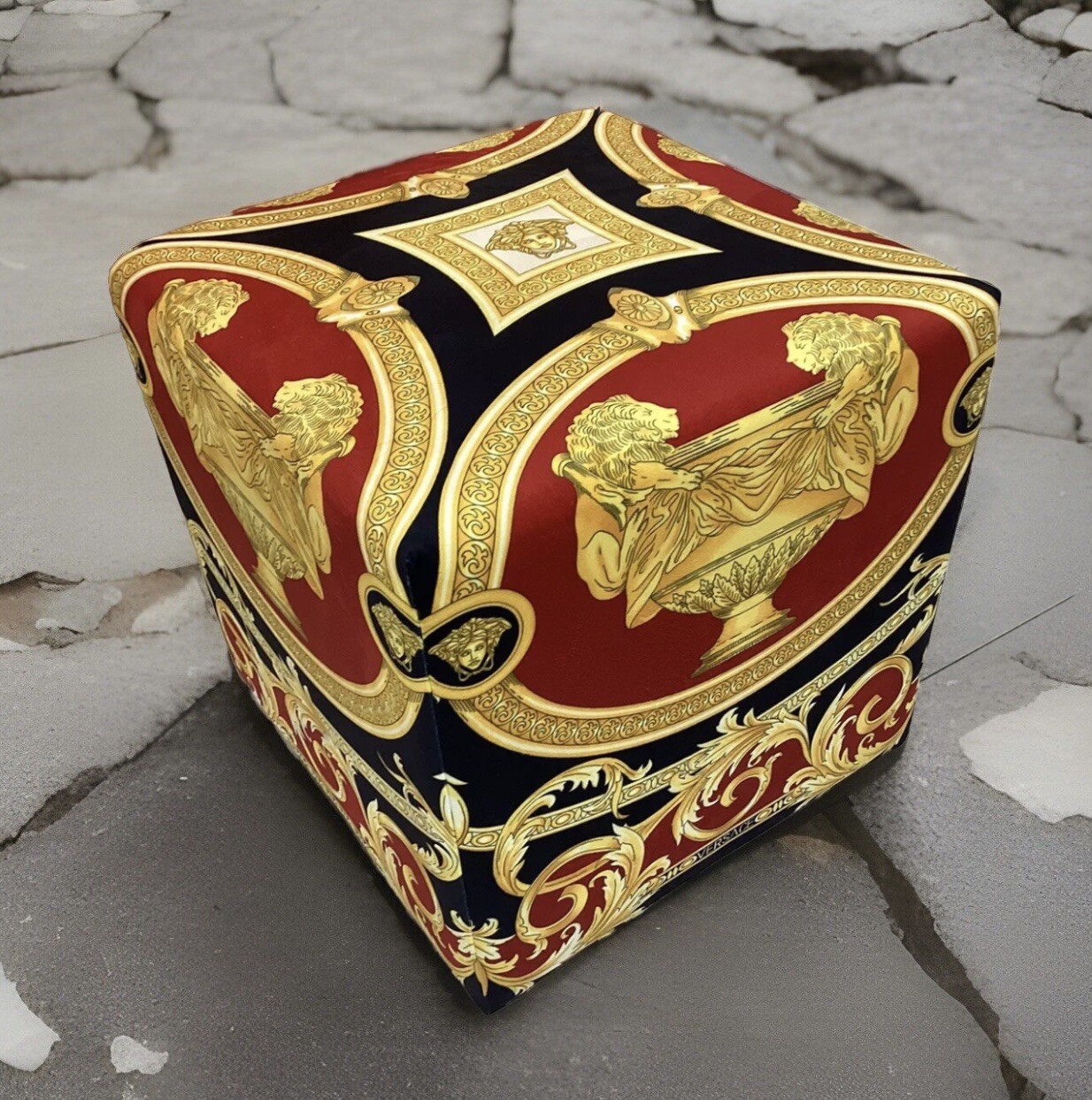 VERSACE CUSTOM MADE CUBE OTTOMAN LION AND URN PRINT UPOLSTERY FABRIC 19”19”19”