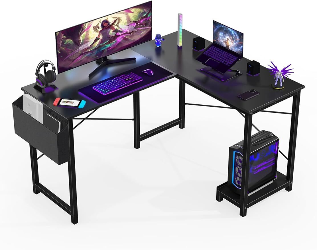 L-Shape Corner Computer Desk Home Office Gaming PC Table with CPU Stand Side Bag