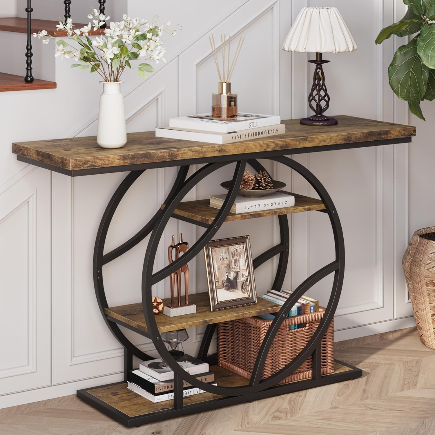 Industrial Entryway Console Table with 4-Tier Storage Shelves, 41.3 Inch