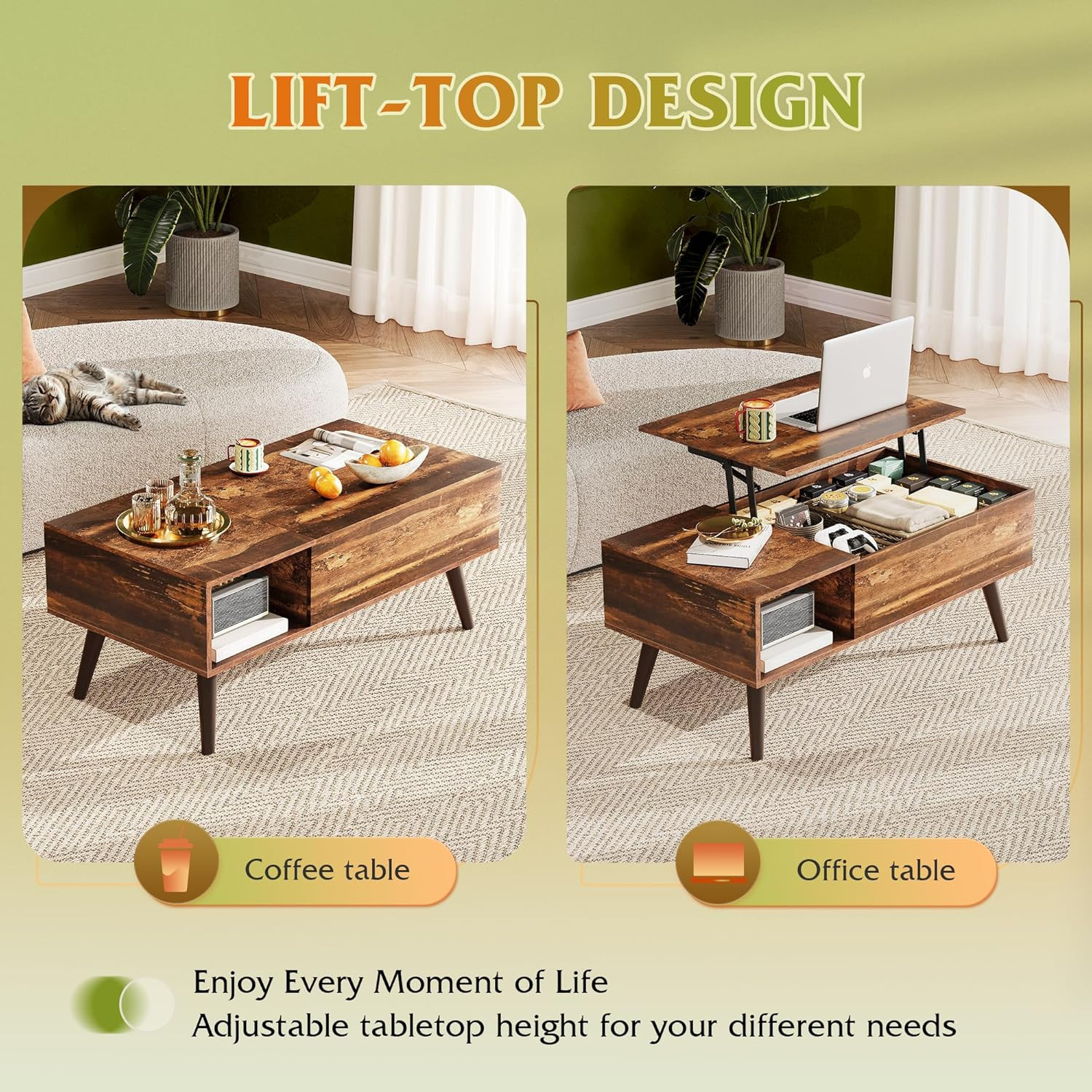 Rustic Lift Top Coffee Table with Storage for Living Room, 39″ Brown