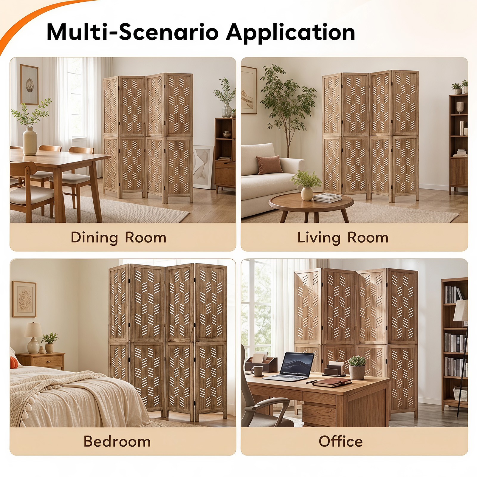 5.5 FT Tall Room Divider w/Paulownia Wood Frame Wave Cutout Pattern 2-Way Hinges