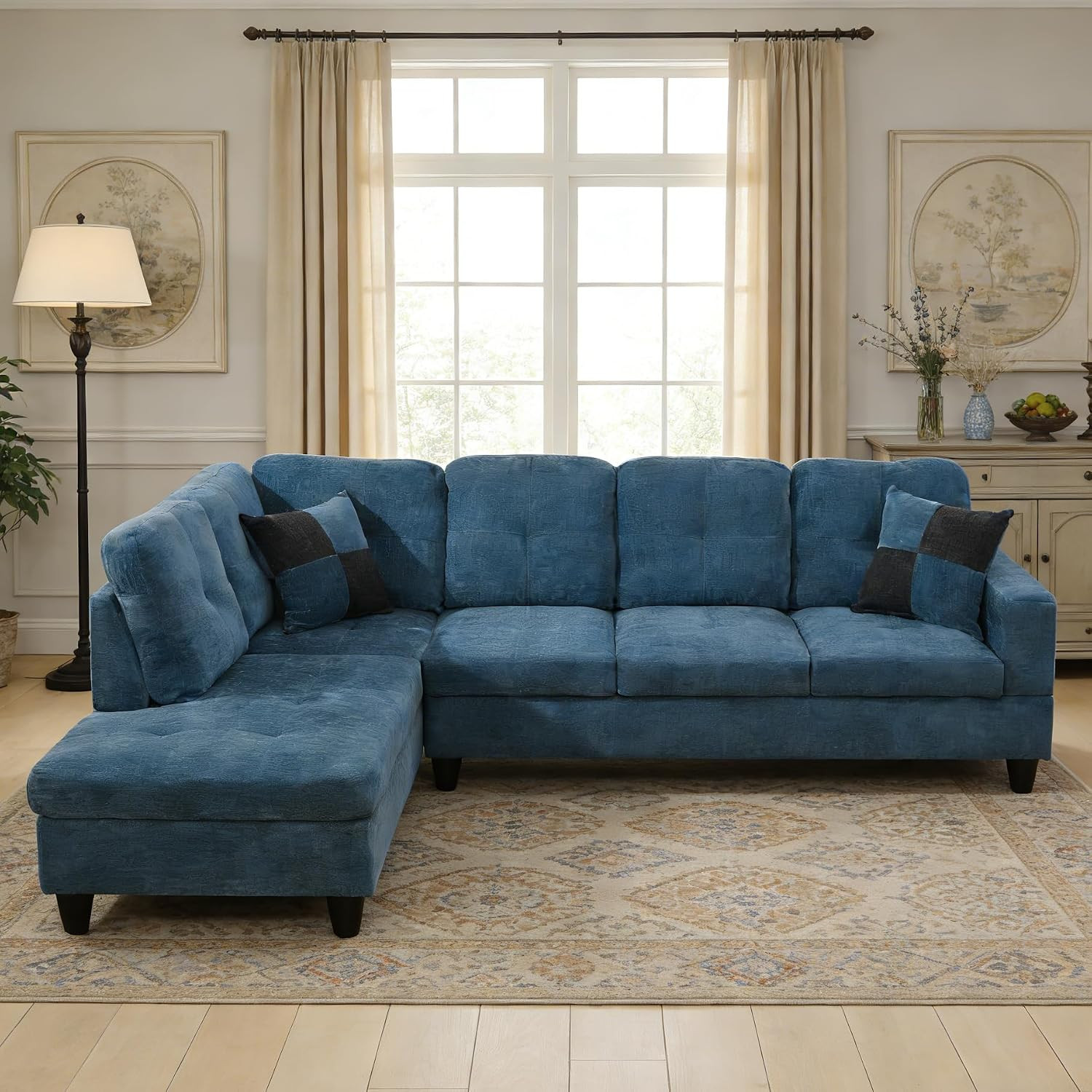 Modern 103.5″ L-Shaped Dark Blue Sectional Sofa with Chaise & Accent Pillows