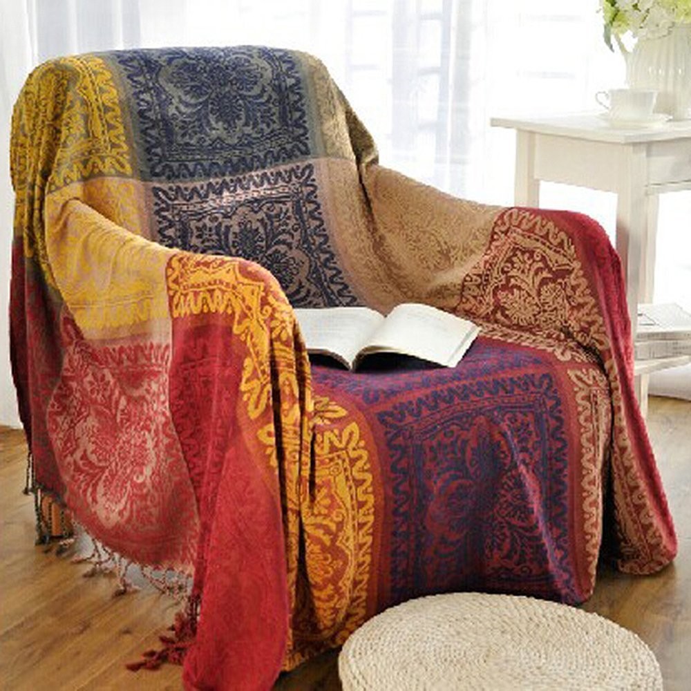 Boho Sofa Cover Chenille Jacquard Throw Blanket Tribal Pattern 86×102 Inch