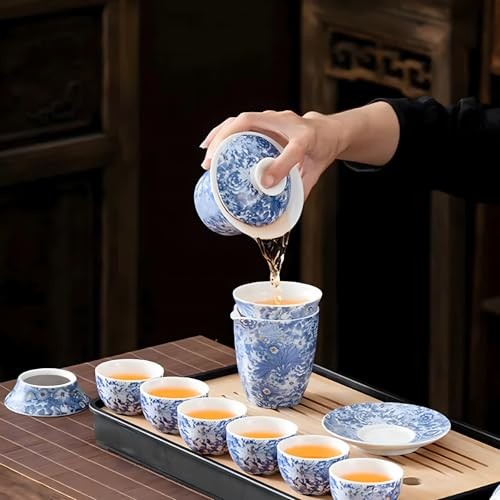 14-Piece Portable Gongfu Set—Yangzhi Jade Porcelain Gaiwan Kit—Dark Blue