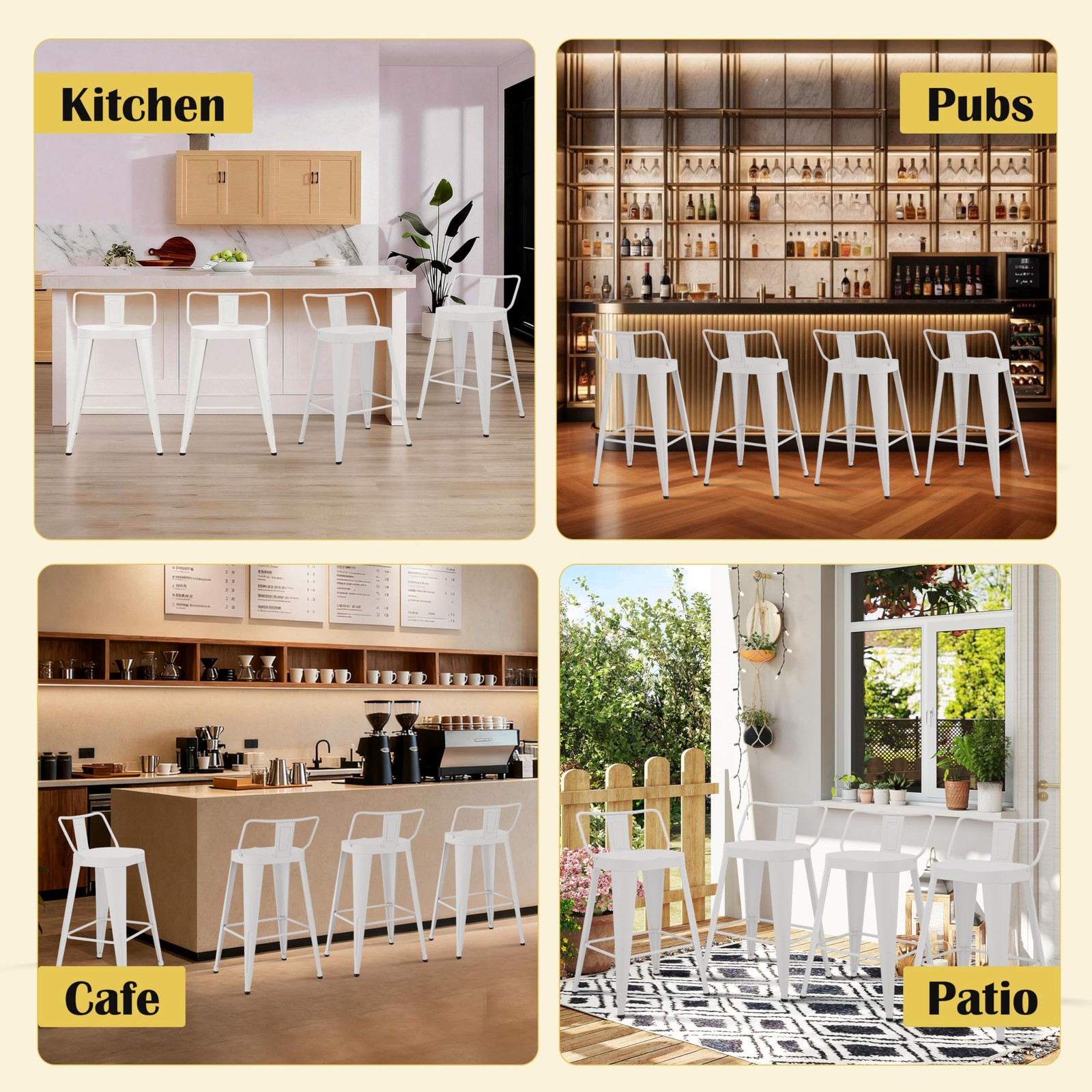 Metal Bar Stools Set of 4 26in Counter Ht Back Large Seat Farmhouse Off White