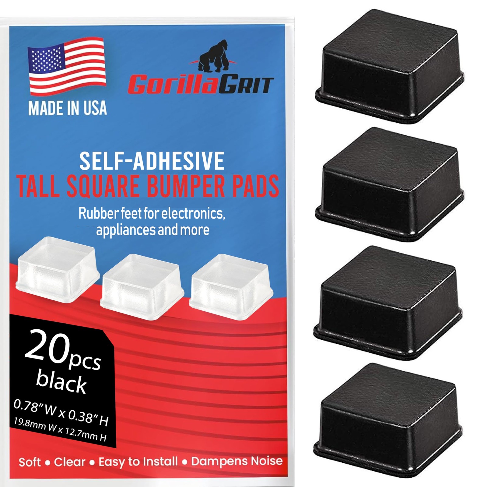 Black Tall Square Adhesive Rubber Bumper Pads Made in USA – Rubber Feet for …