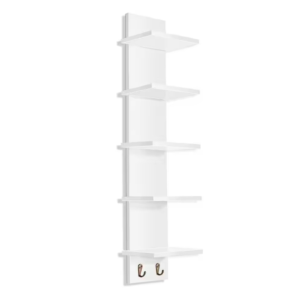 5 Tier Wall Shelf Unit with Hooks, 6 In. W X 5 In. D White MDF Decorative Wall S