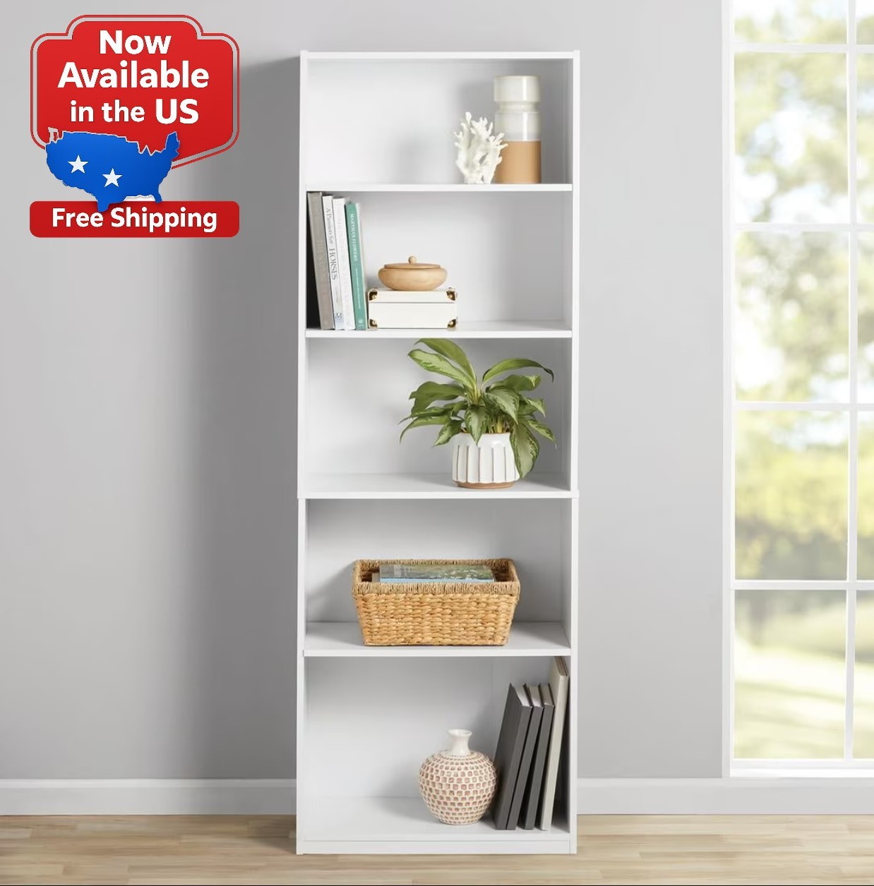 Mainstays 5-Shelf Bookcase with Adjustable Shelves, White