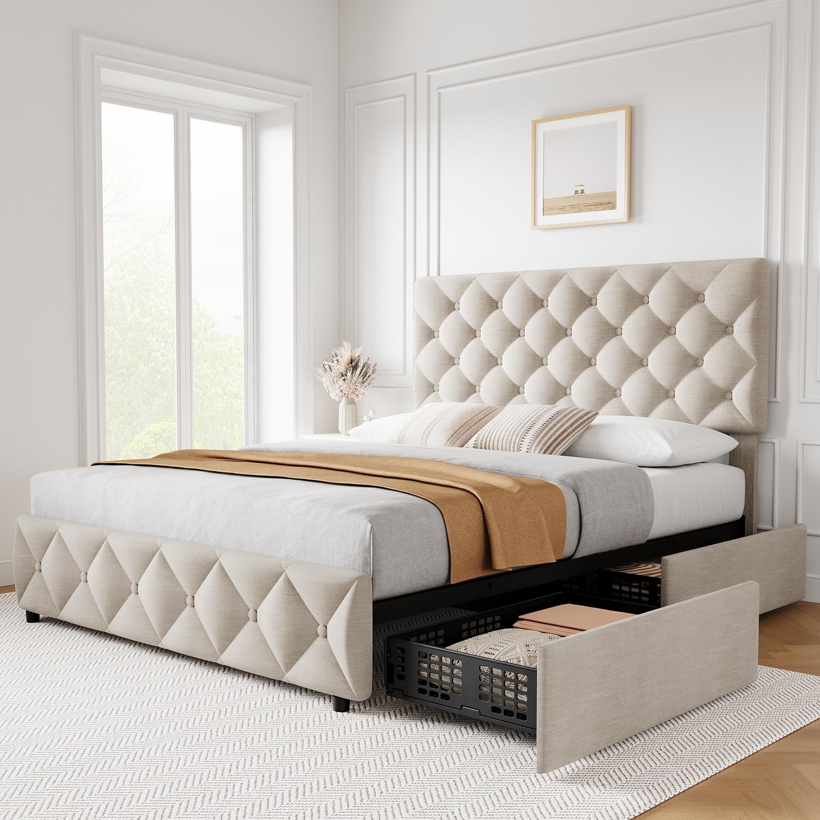 Full Size Bed Frame with 4 Storage Drawers, with Upholstered Platform Bed Frame