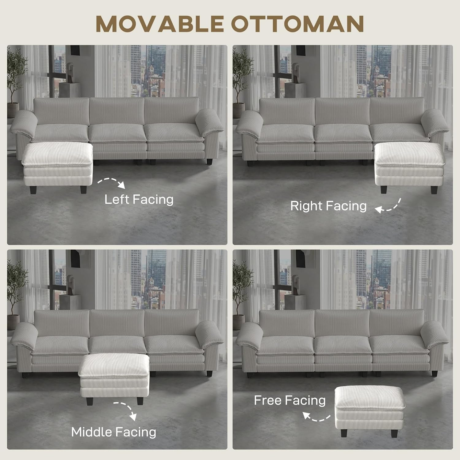 124″ L-Shped Sectionl Sof with Ottomn & Pillow-Top rmrests, Beige