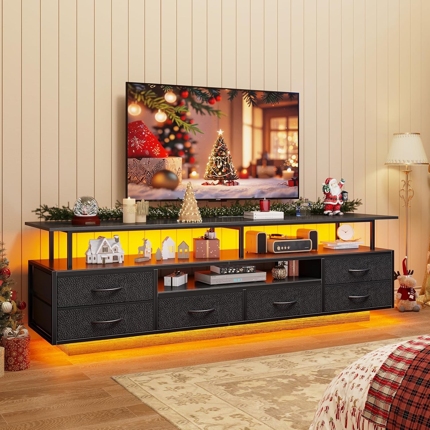 TV Stand for 65 70 TV with LED Lights and 6 Drawers Black
