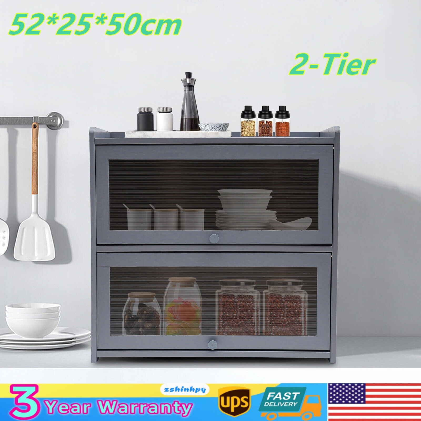 Bamboo 2-Tier Storage Cabinet With Acrylic Doors Gray 20.5 × 9.8 × 19.7 In