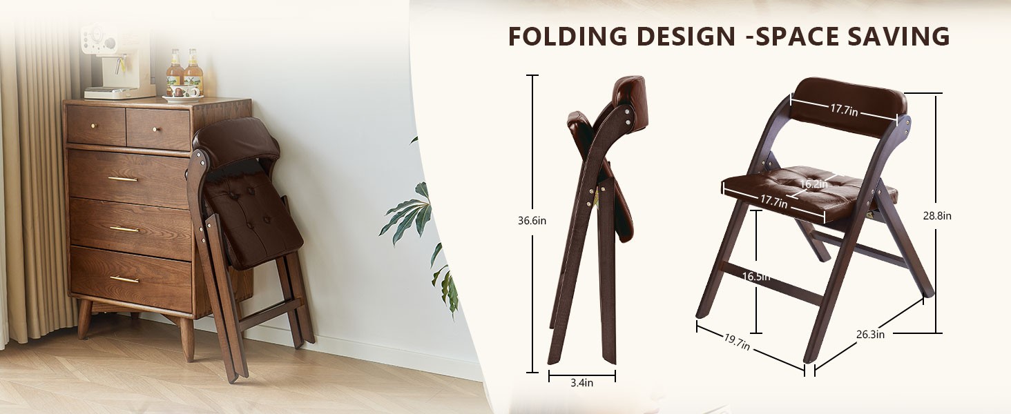 Wood Folding Chairs Set of 2, Upholstered Foldable Dining Chairs with Padded