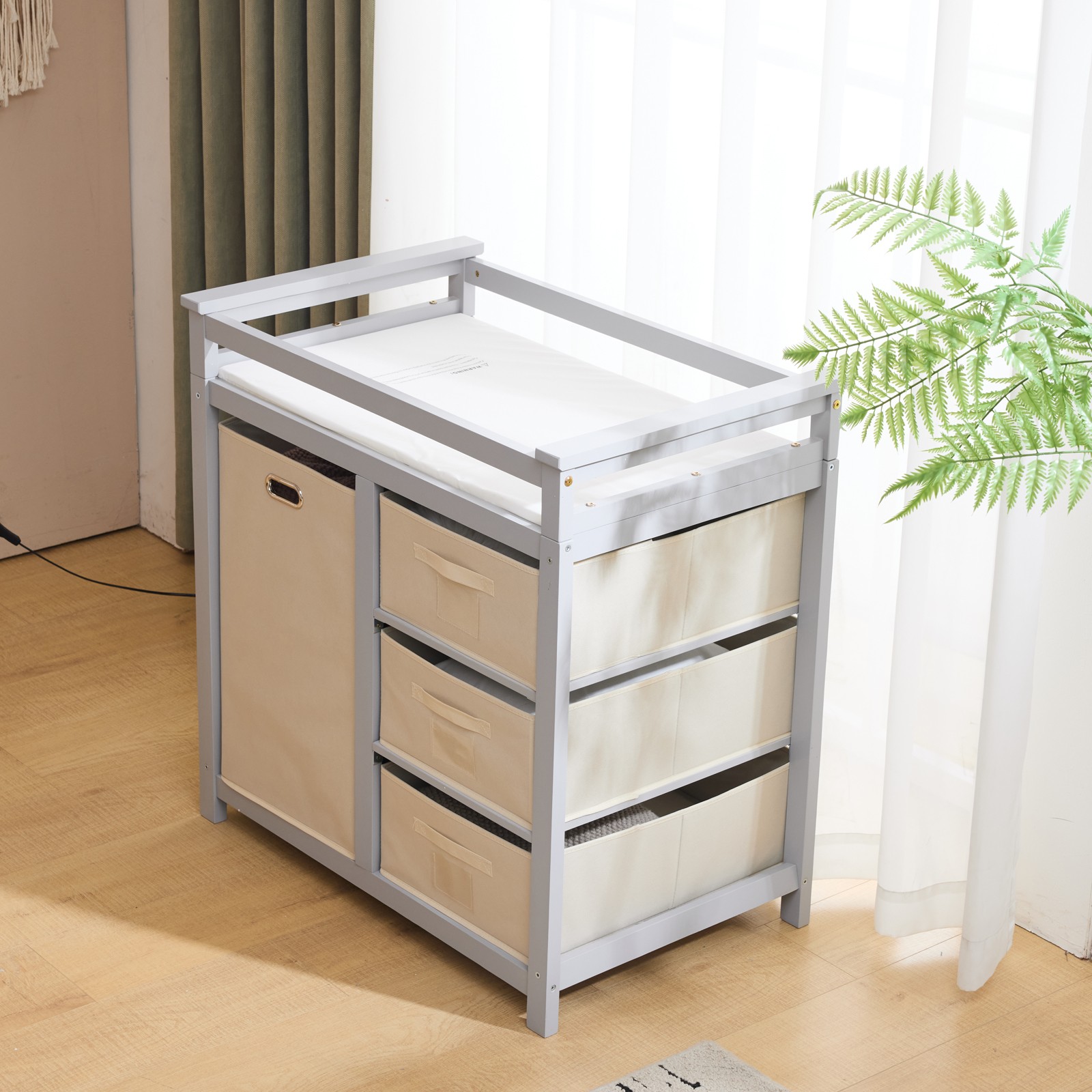 Gray Pine Wood Frame Kids Bed with Removable Top 3 Fabric Drawers 1 Fabric Bag