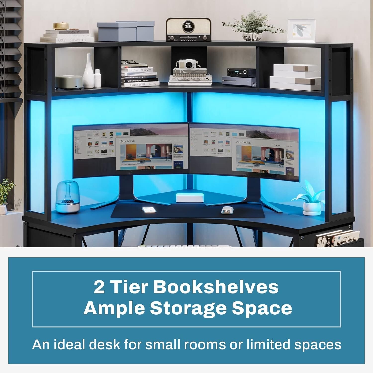 Triangle Corner Computer Desk with Keyboard Tray Home Office Desk w/ LED Lights