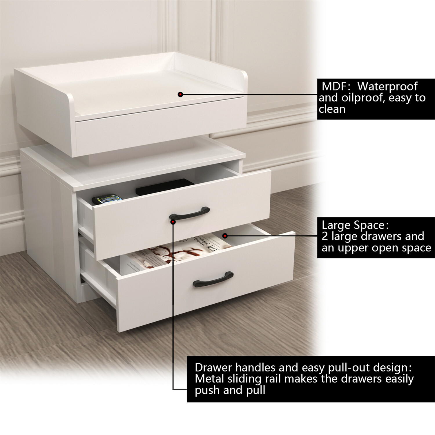 LED Nightstand Bedside Table End Table Side Table w/ 2 Drawers White/Gray/Black