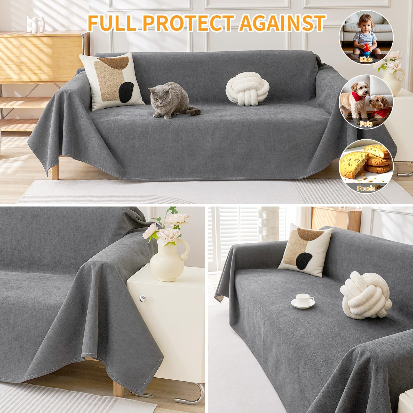Cat-Scratch Resistant Couch Cover, Waterproof Sofa Cover 71″ x 118″ Dark Grey
