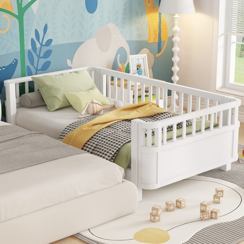 Twin Size Wood Platform Bed for Kids,Wood Low Profile Bed Frame with Rails White