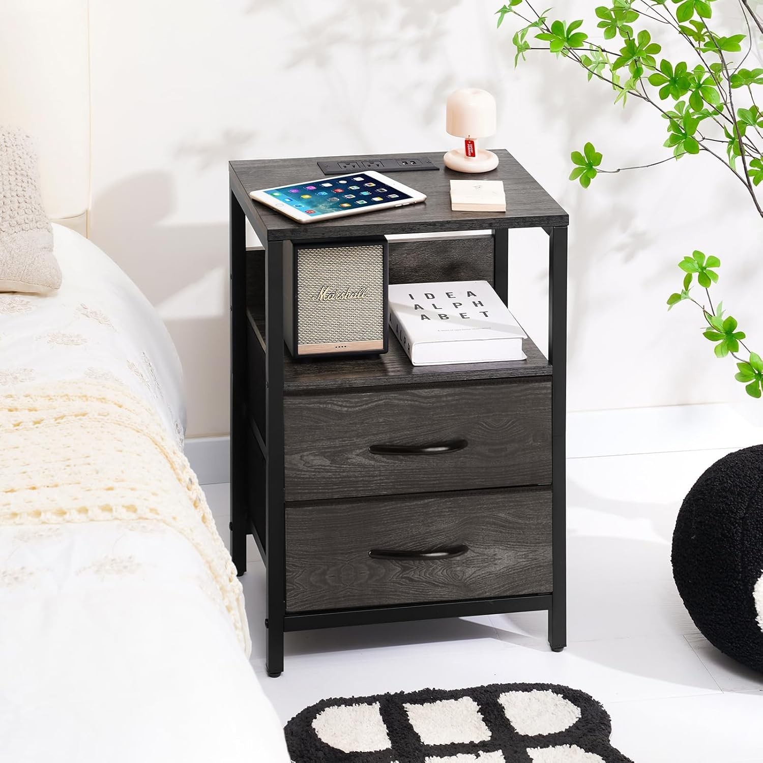 Matte Charcoal Gray Nightstand with Charging Station for Seamless Organization