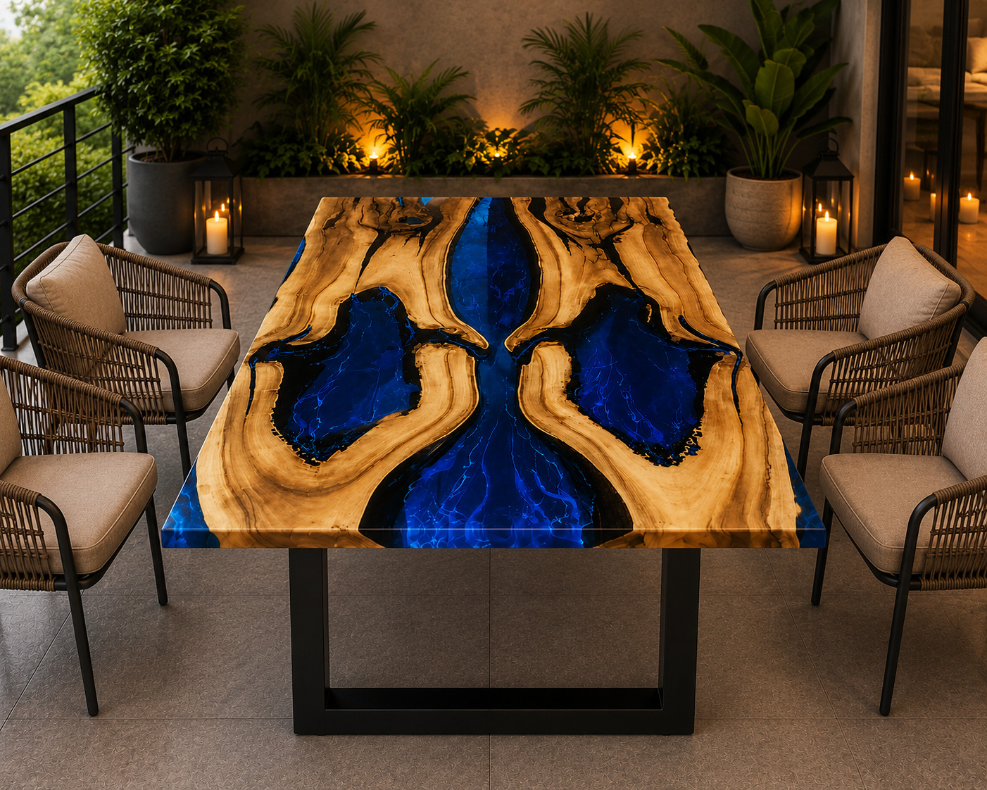 Live Edge Wood & Blue Epoxy Table | Handmade Outdoor Dining Table