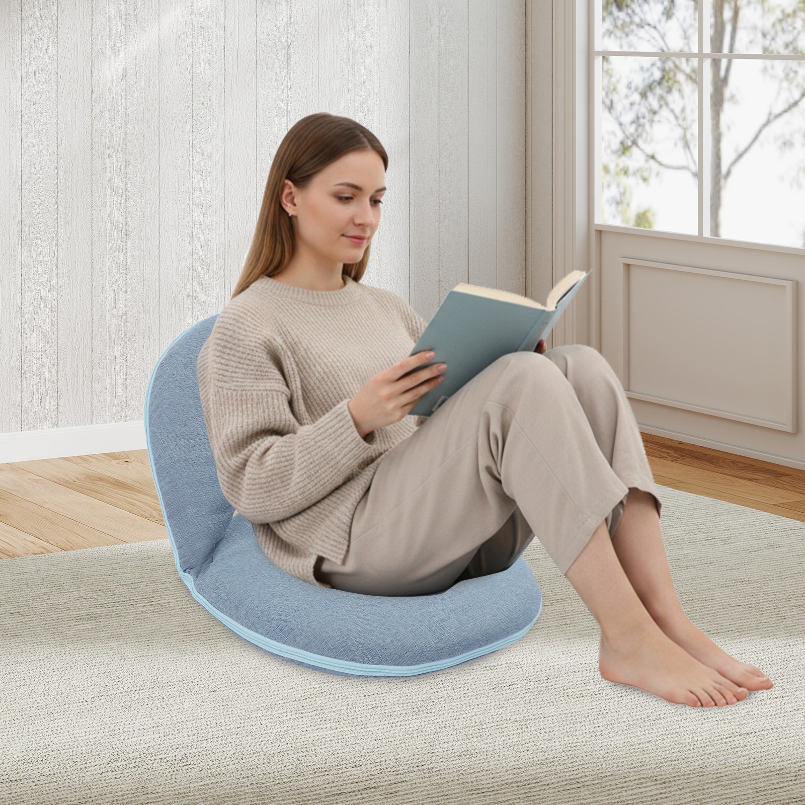 Folding Floor Chair,Blue Floor Cushion, Adjustable Floor Seat with Back Support