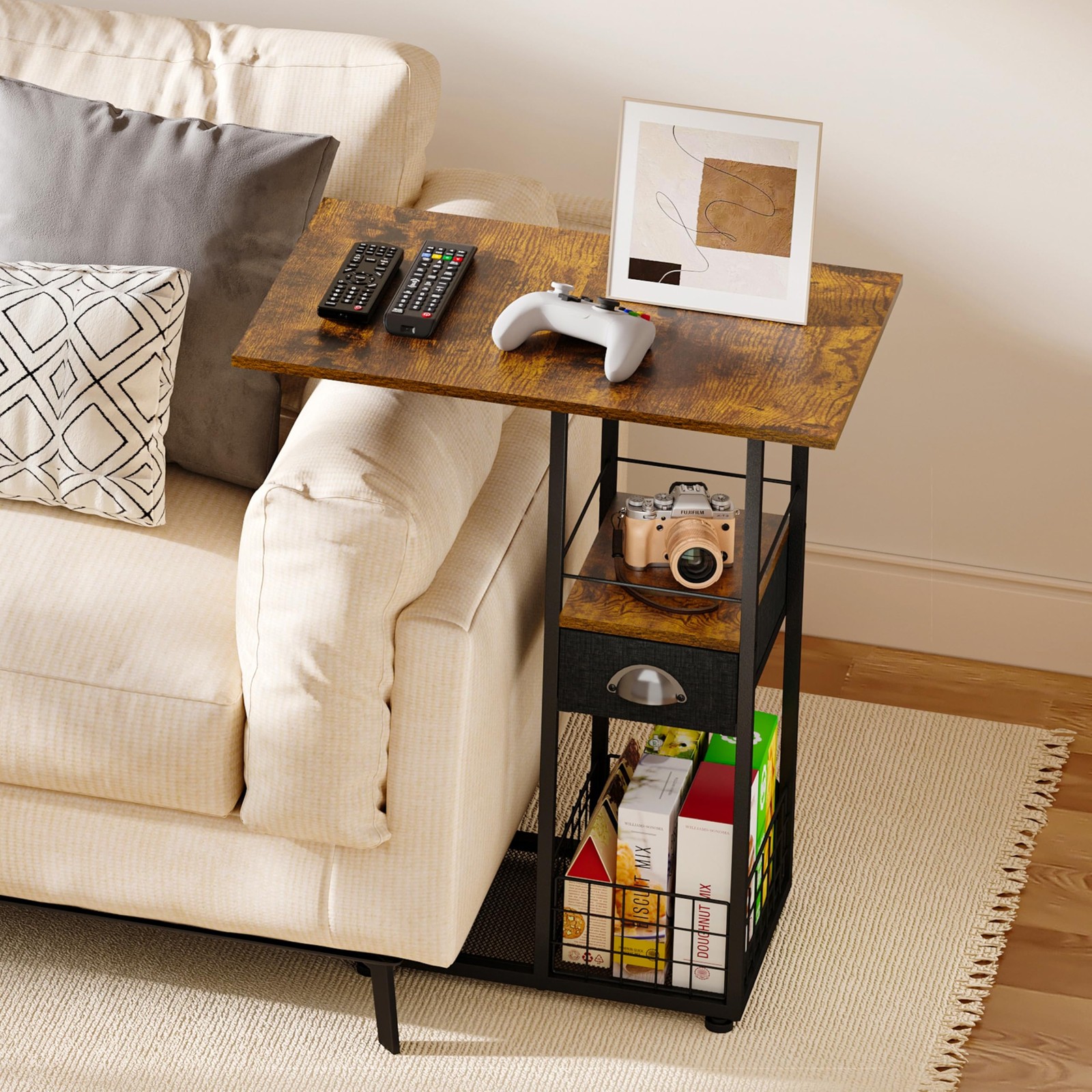 Rolling C-Shaped Side Table with Wheels X-Large (With Drawer & Wheels), Black