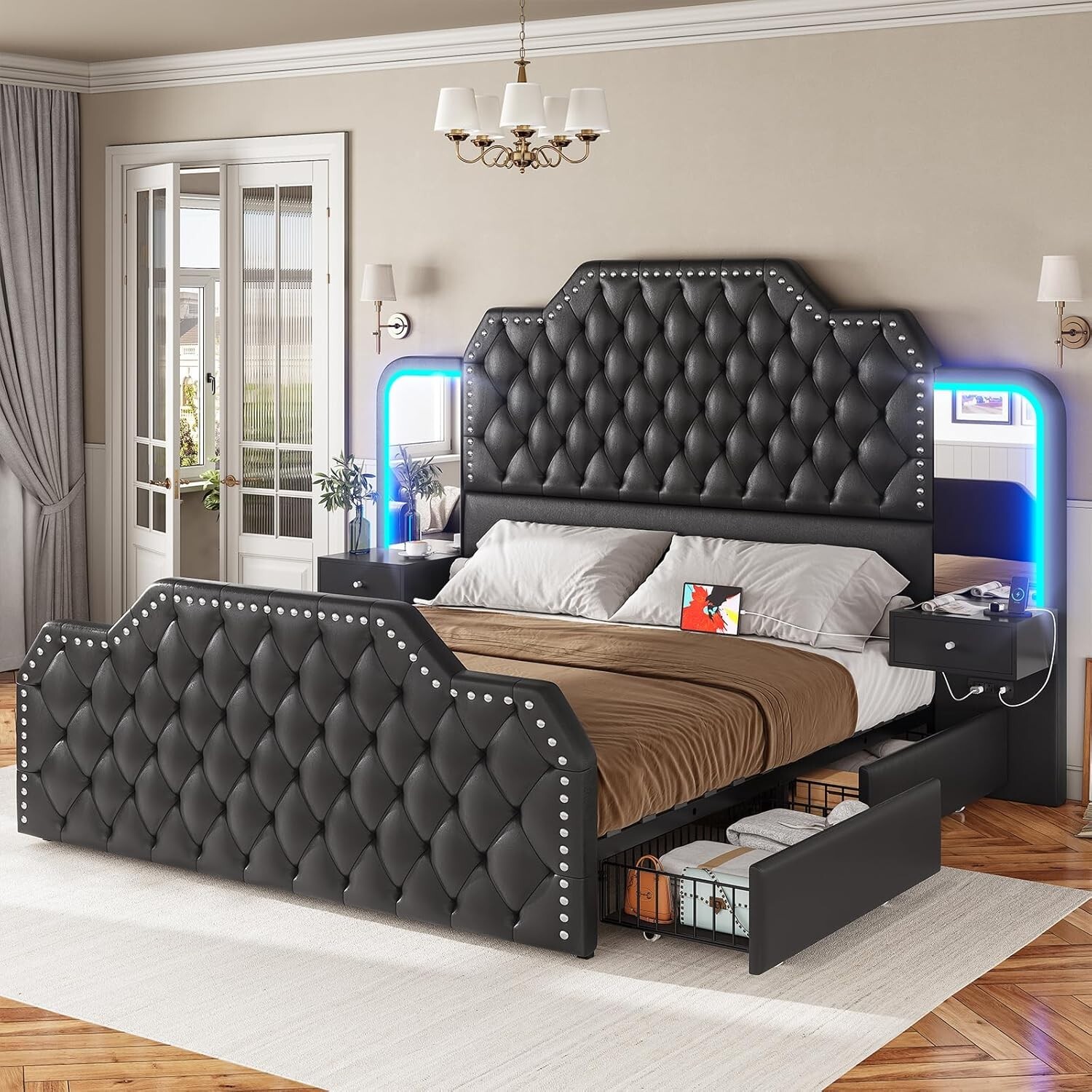 Queen Bed Frame with 53″ Tall Headboard, 4 Drawers and 2 Nightstands with Mirror