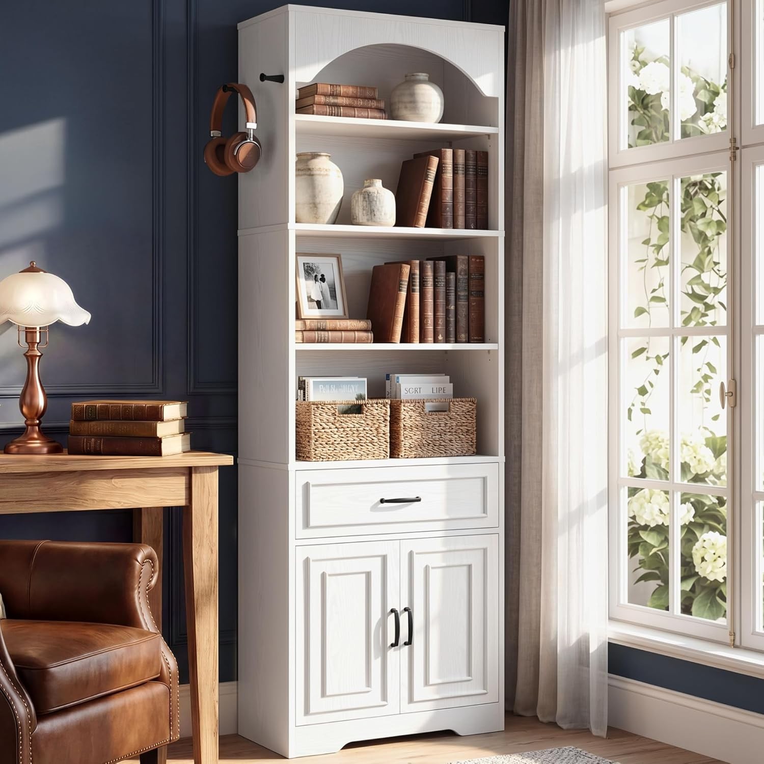 Bookshelf, 83″ Extra Tall Bookcase with Storage Cabinet and Drawer, 7 Tiers