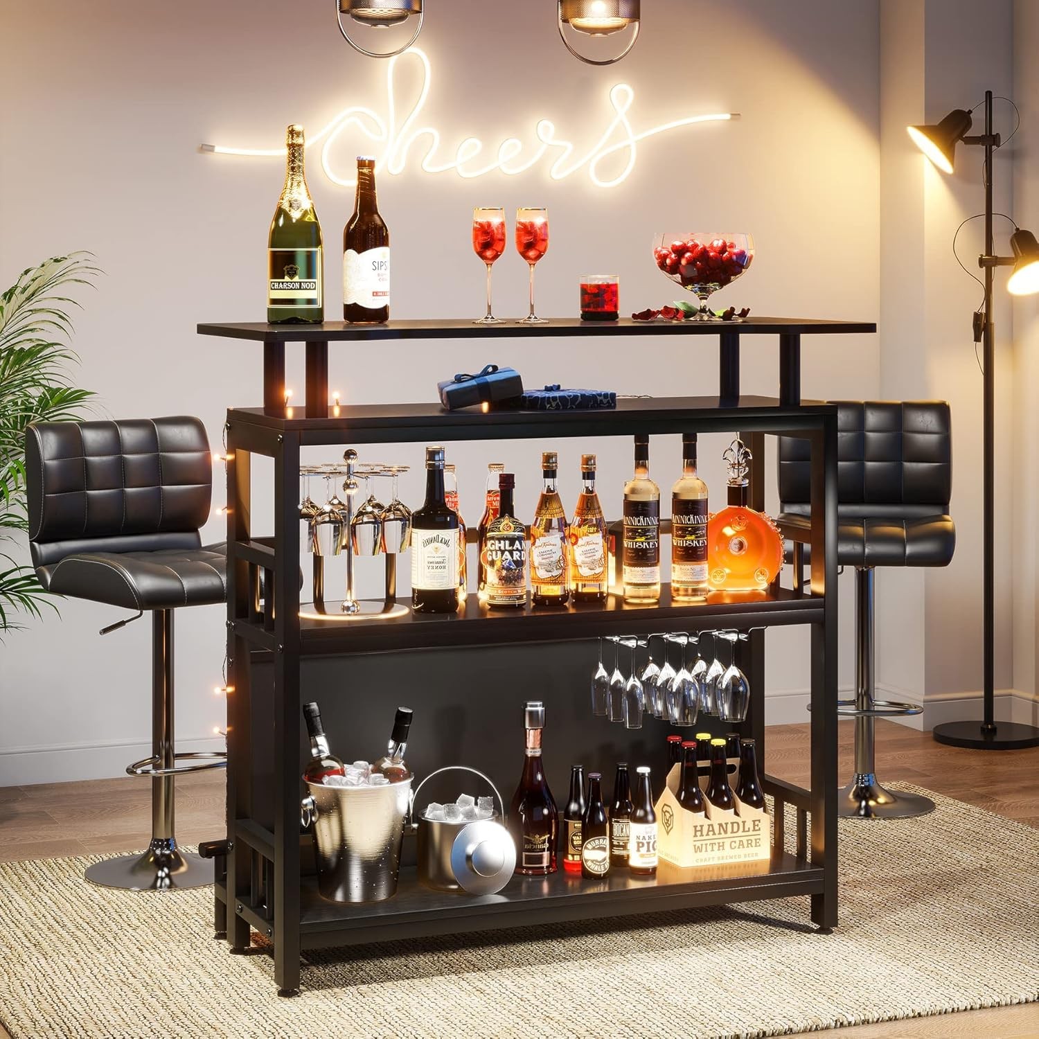 44-Inch Bar Height Table with Storage, Black Home Bar Unit for Liquor, Balcony