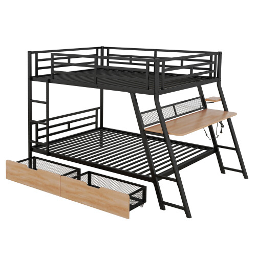 Full Size Metal Bunk Bed Frames with Built-in Desk LED Light and Storage Drawers