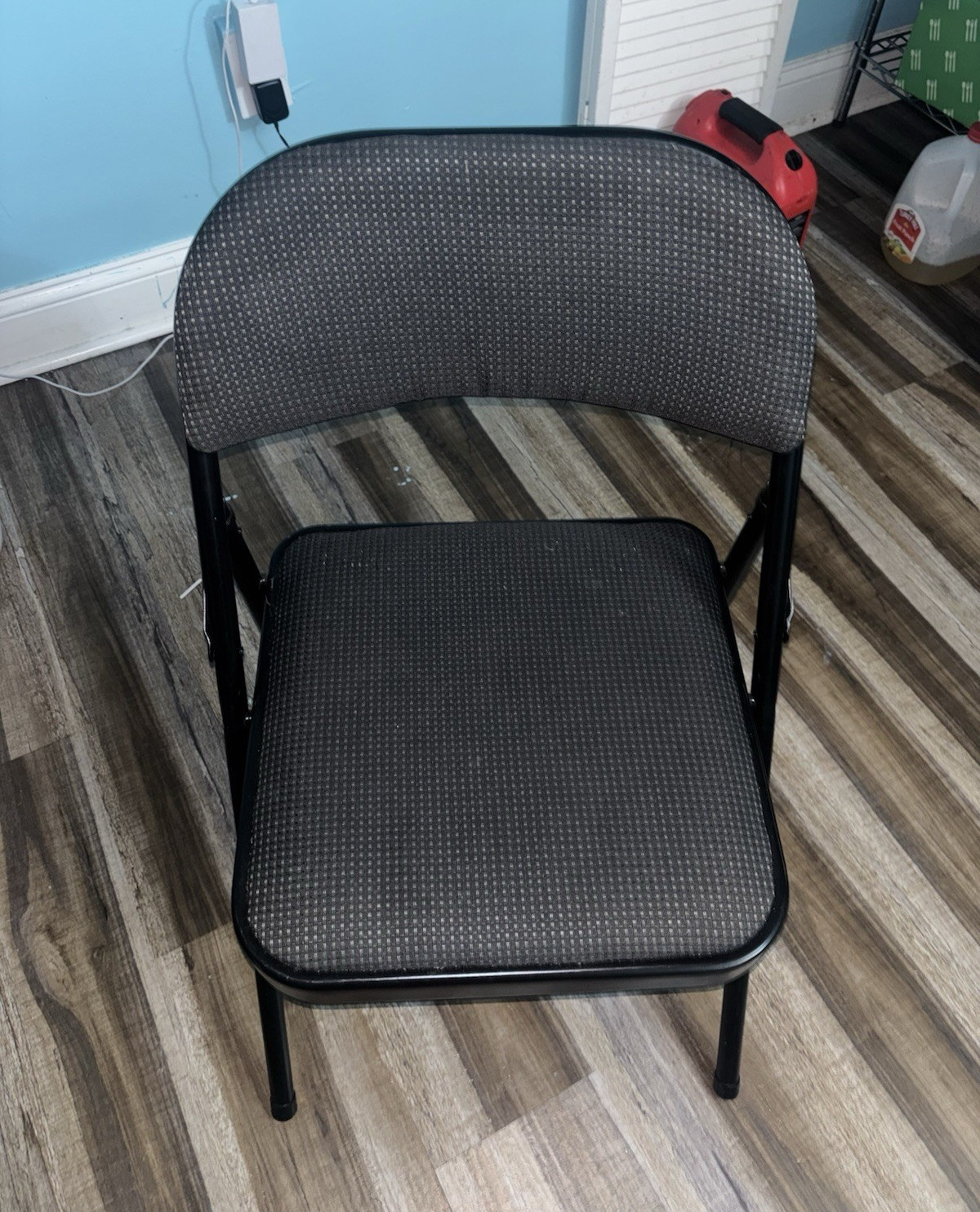Black Metal Folding Chair, Fabric Upholstery Padded Seat, Compact Foldaway