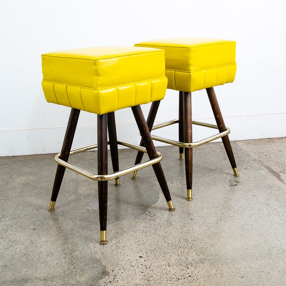 Mid Century Modern Bar Stools Set 2 Yellow Square Vintage Brass Wood 1970s 32″