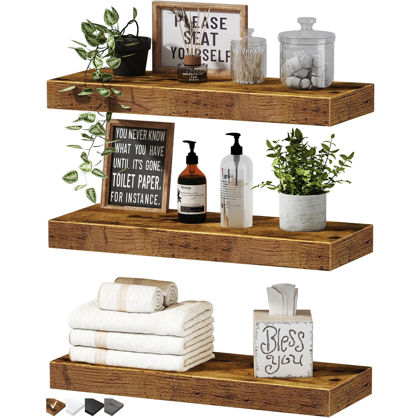 Floating Shelves for Wall Set of 3 16 inch Rustic Brown Farmhouse Decor