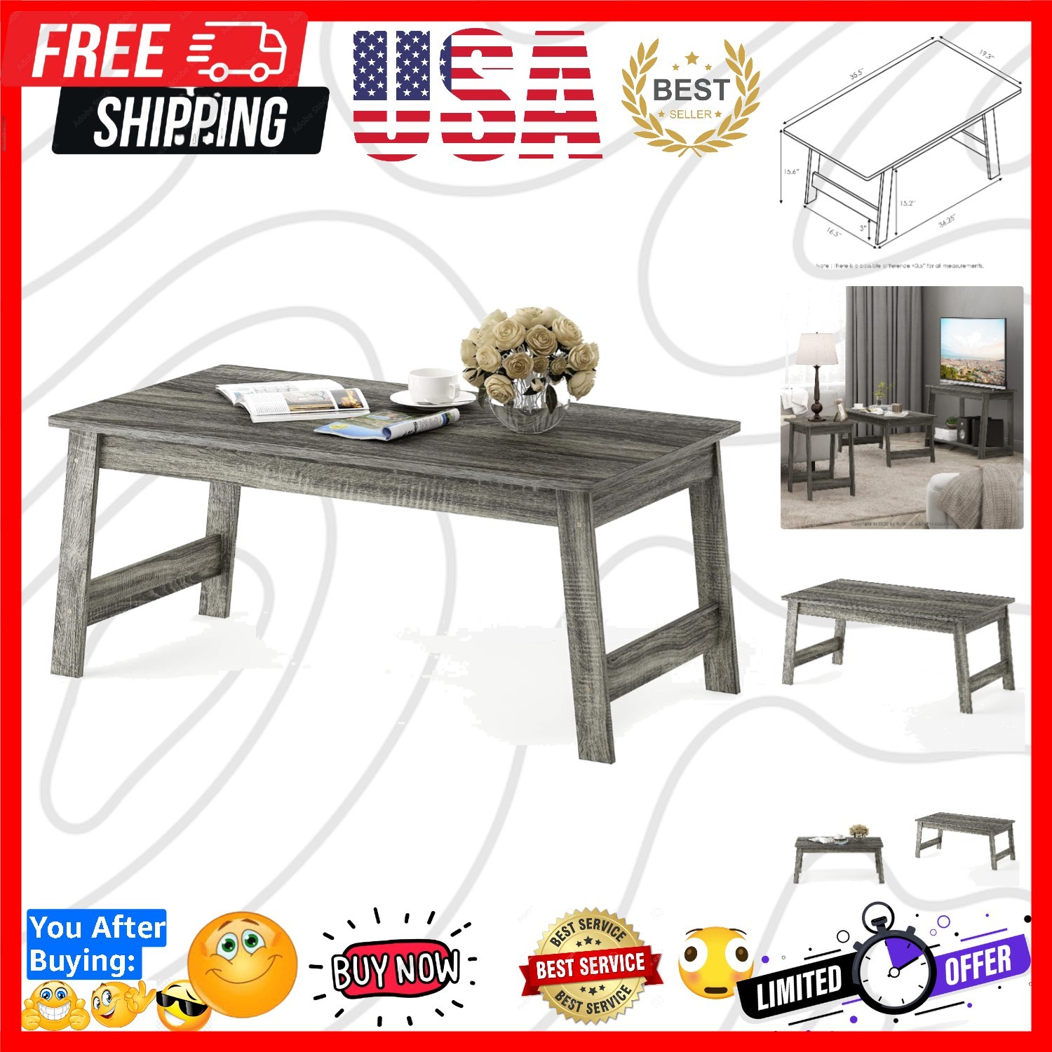 Beginning Coffee Table, French Oak Grey , 19.45D x 35.59W x 15.63H in