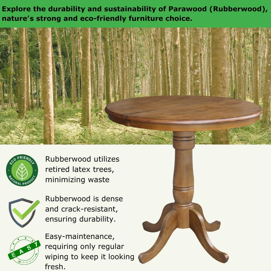 36″ Round Pecan Dining Table with Leaf – Elegant Pedestal Design, 28.9″ Height