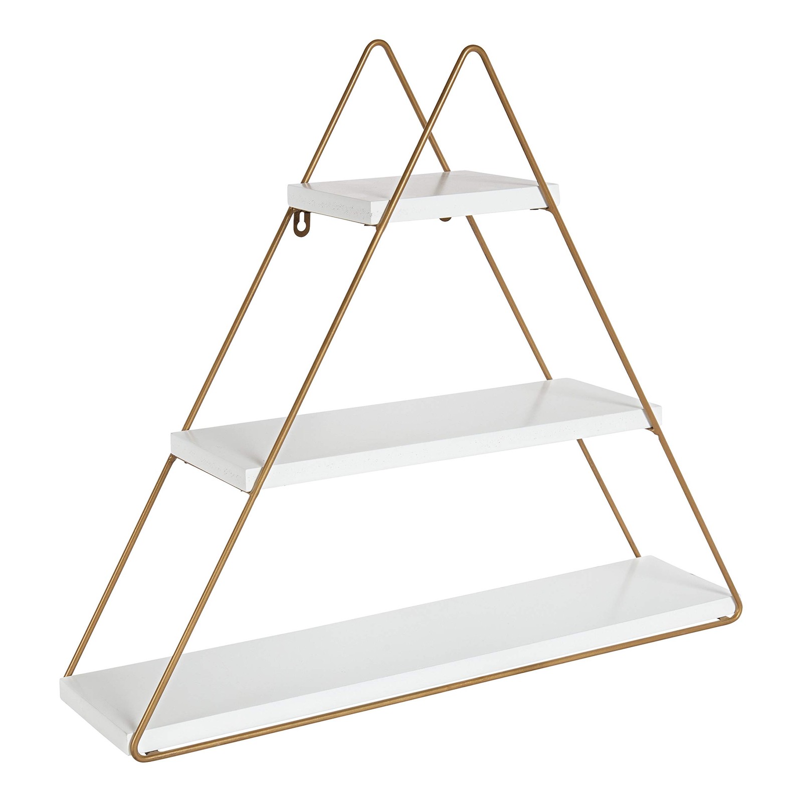 Three-Tiered Triangle Floating Metal Wall Shelf – White & Gold Accent