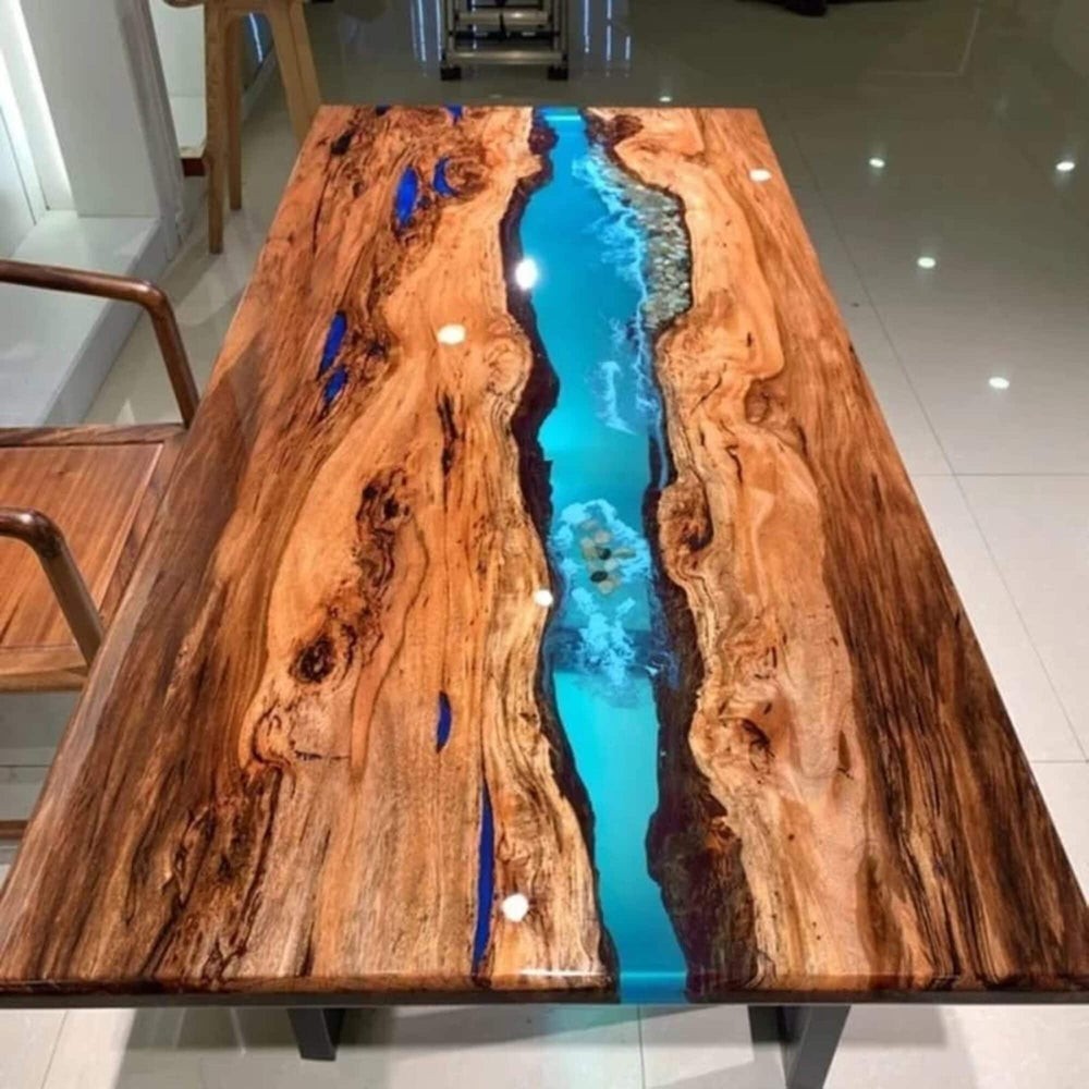 Live Edge Walnut Epoxy River Table Ocean Blue Resin Handmade Dining Table top