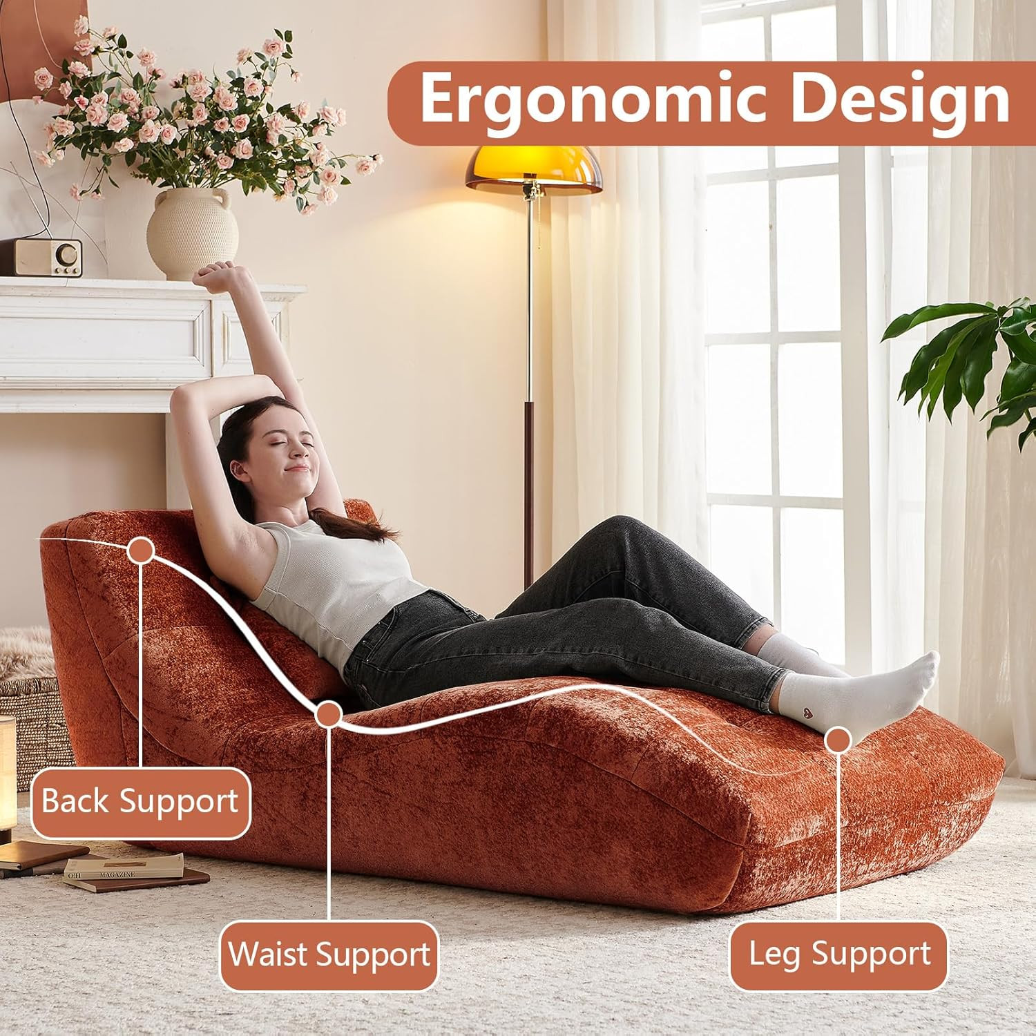 Modern Curved Back Chaise Lounge Chair Upholstered Recliner Sofa – Orange