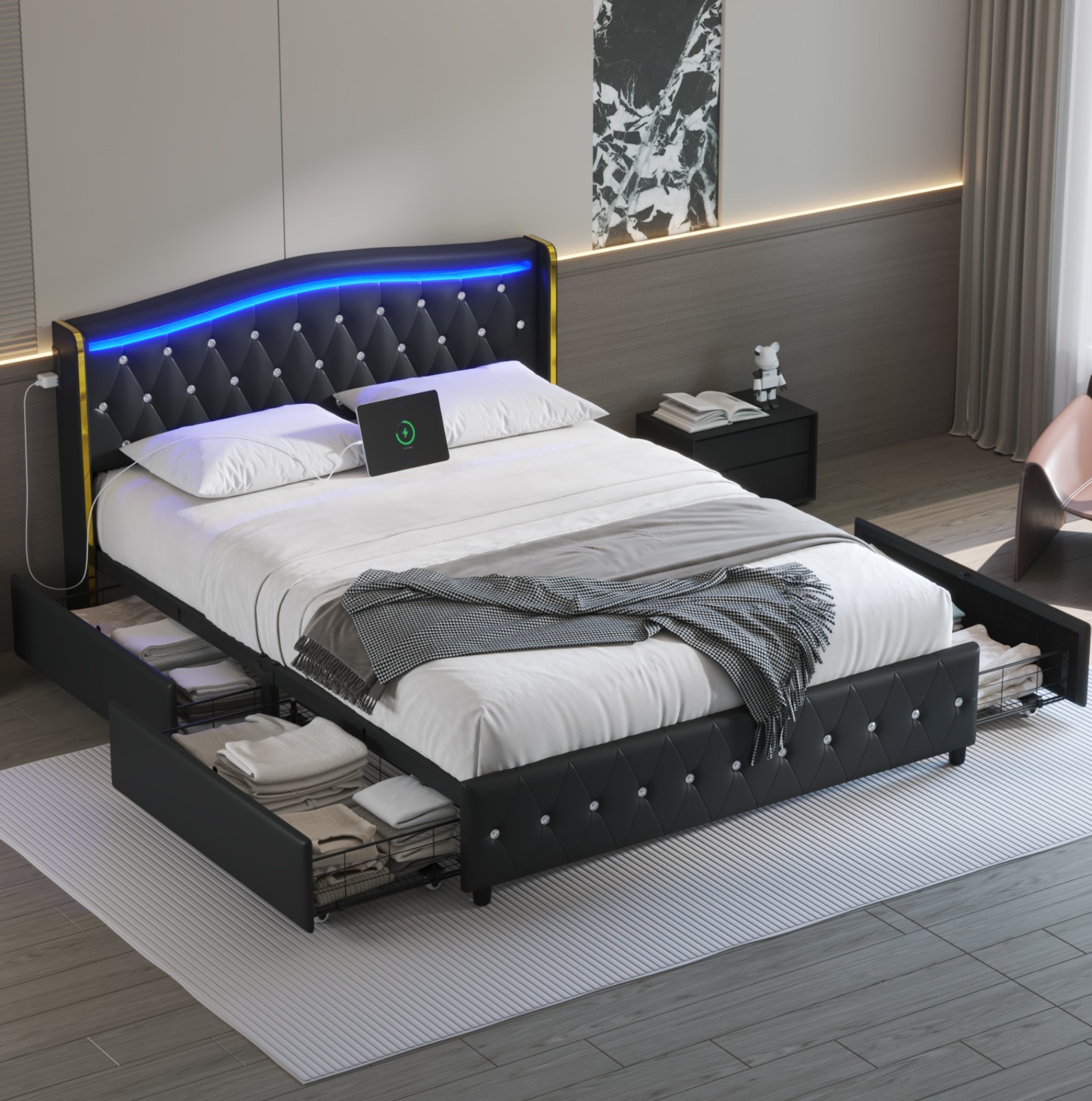 Bed Frame with upholstered headboard，4 Storage Drawers and Led,Charging station.