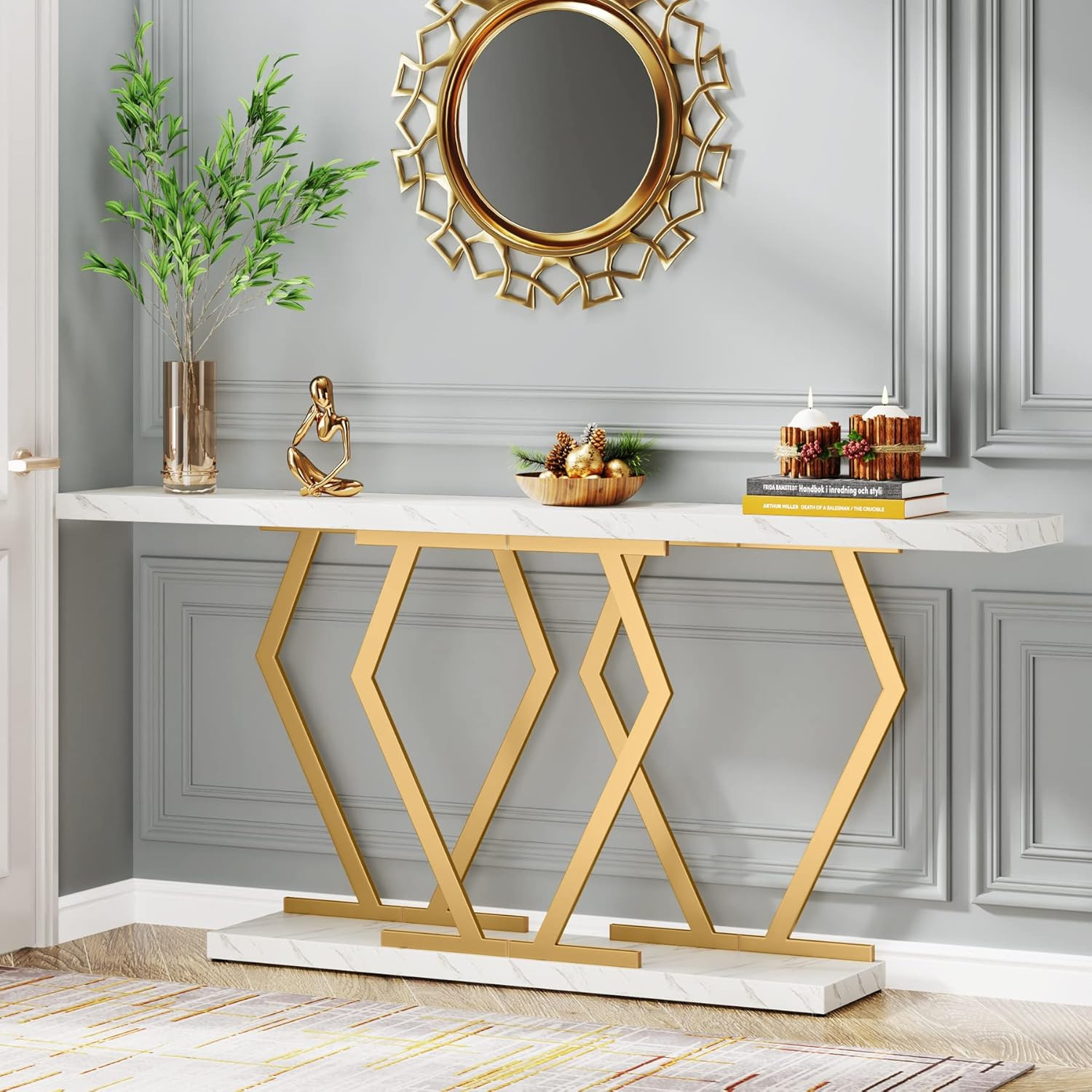 70.9 Inch Extra Long Sofa Table， White and Gold Console Table with Faux Marble T