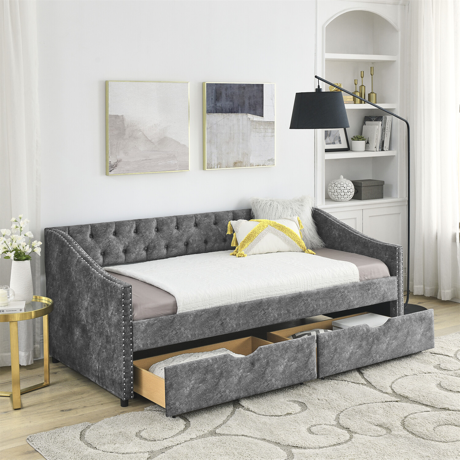 Twin Size Daybed Upholstered Bed Frame Sofa Bed with 2 Storage Drawers New