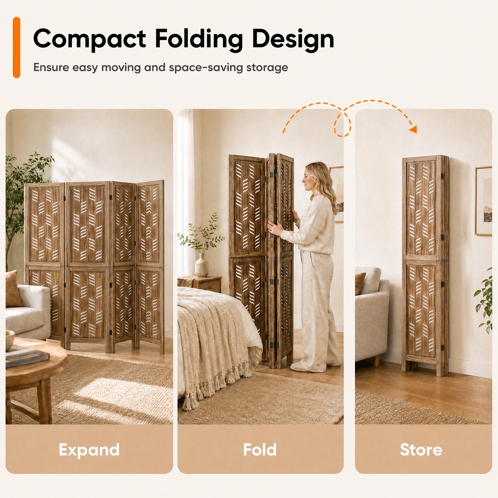 5.5 FT Tall Room Divider w/Paulownia Wood Frame Wave Cutout Pattern 2-Way Hinges