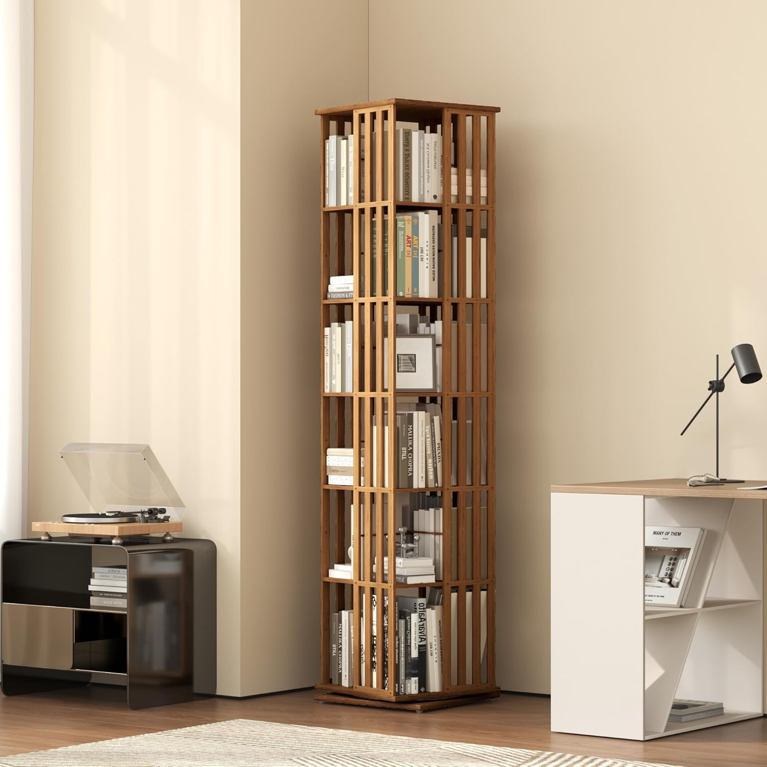 Rotating Bookshelf Tower, 360 Display Spinning Bookcase, Bamboo Bookshelf Floor